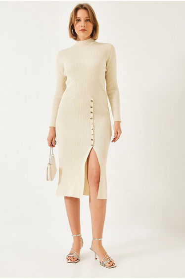 LUCCI Ribbed Textured Turtleneck Midi Knitted Dress