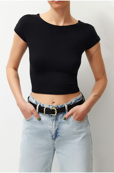 Black Crop Fitted Knitted T-Shirt