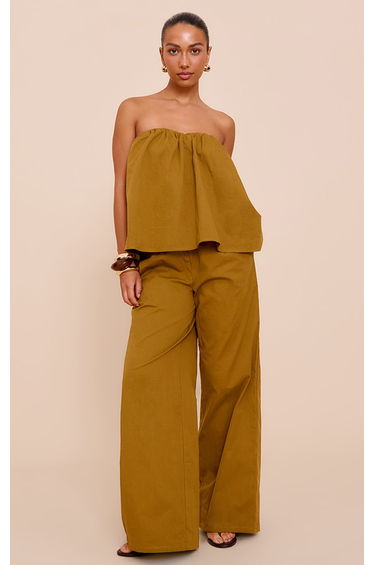 Olive Cotton Woven Elasticated Waist Wide Leg Trouser