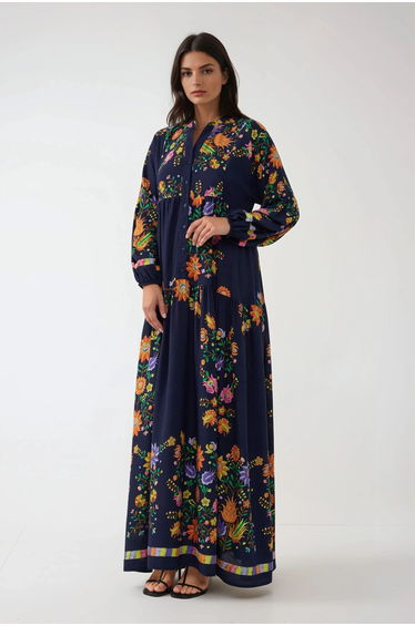 Printed V-Neck Maxi Dress with Button Detail