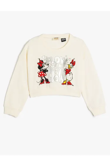 سويتشيرت بأكمام طويلة بياقة دائرية بطبعة ميني ماوس أصلية - أبيض 
