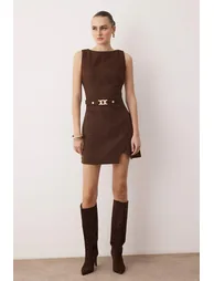 Brown Straight Accessory Detail Short / Mini Woven Dress - 2