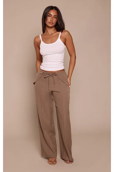 Petite Stone Tie Front Seam Detail Straight Leg Tailored Trousers