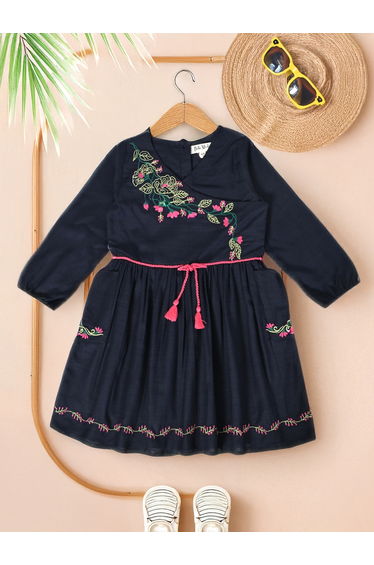 Floral Embroidered Wrap Knee-Length Dress