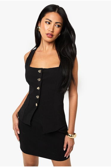 Gold Button Waistcoat Mini Dress - black
