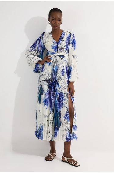Tall Floral Balloon Sleeve Pleated Crinkle Cut Out Woven Maxi Dress