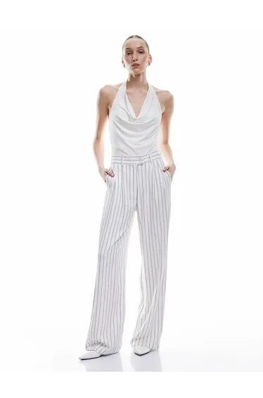 Buttoned Pleated Relaxed Cut Striped Viscose Trousers