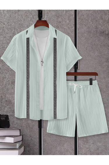 Men Green Jacquard Detail Short Sleeve Button Front Shirt and Shorts Co-Ords
