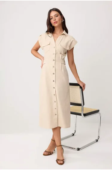 Stone Accessory Detail Midi Woven Shirt Dress