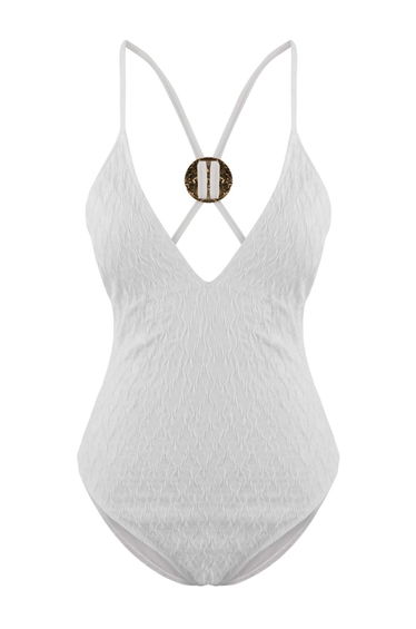 Ecru Textured Deep V-Neck Brazilian Swimsuit with Covered Accessories