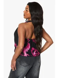 Plus Printed Chiffon Cowl Neck Top - black - 2