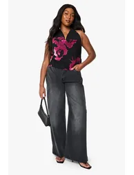 Plus Printed Chiffon Cowl Neck Top - black