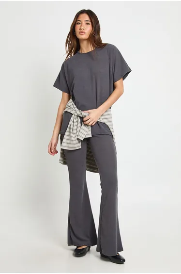 Two Tone Rib Flared Legging & Top Co Ord - charcoal
