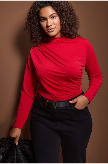 Red sandy gathered detail long sleeve knitted plus size blouse