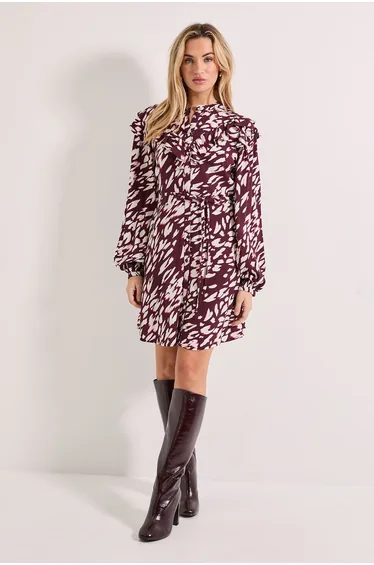 Animal Frill Yoke Belted Mini Shirt Dress