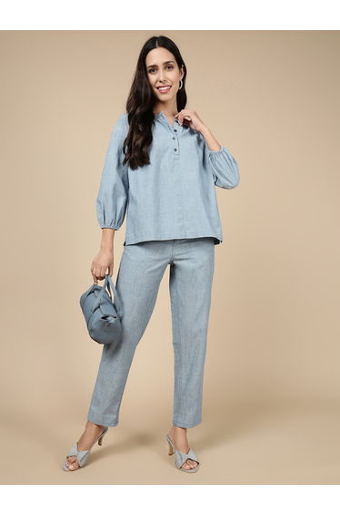 Blue Woven Cotton Pants