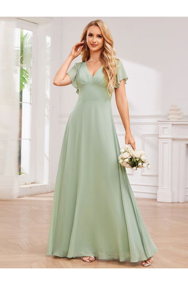 High-Waist Pleated V-Neck Bridesmaid Dress with Cross-Tie Back
