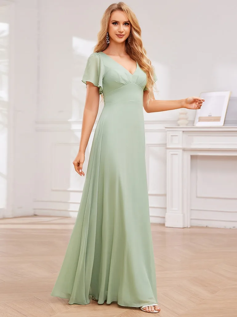 High-Waist Pleated V-Neck Bridesmaid Dress with Cross-Tie Back - 2