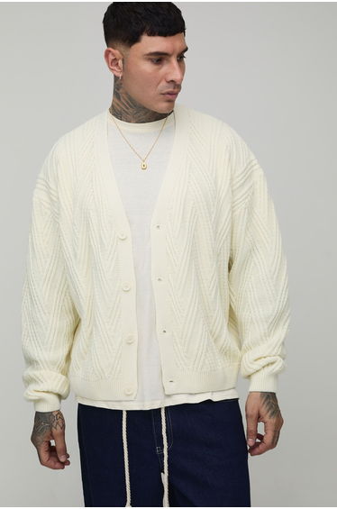 Tall Oversized Boxy Cable Knitted Cardigan - ecru