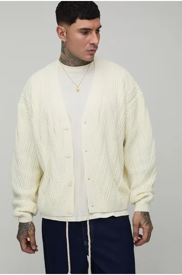 Tall Oversized Boxy Cable Knitted Cardigan - ecru