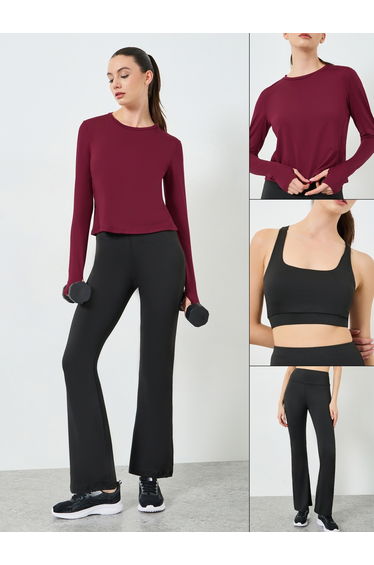 Pack of 3 - Multi Cross Back Padded Sports Bra, Paneled Top and Flared Leggings