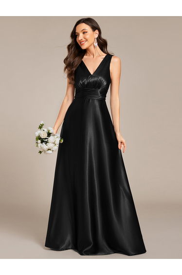 ever INDY|V-neck Empire Waist Satin Maxi Bridesmaid Dress with Pockets