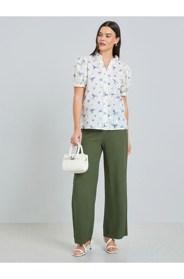 Women Floral Print Ruffled Neck Shirt