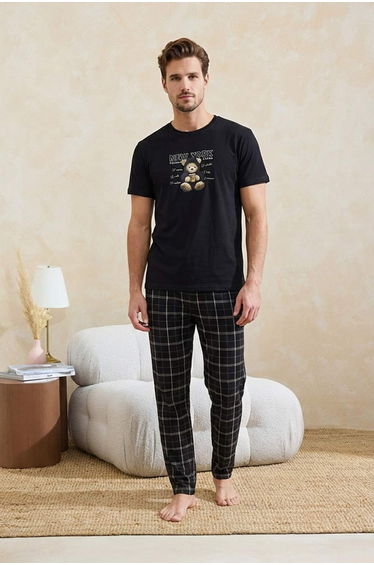 Black Regular/Normal Cut Plaid / Checked Cotton Piece Knitted Pajama Set
