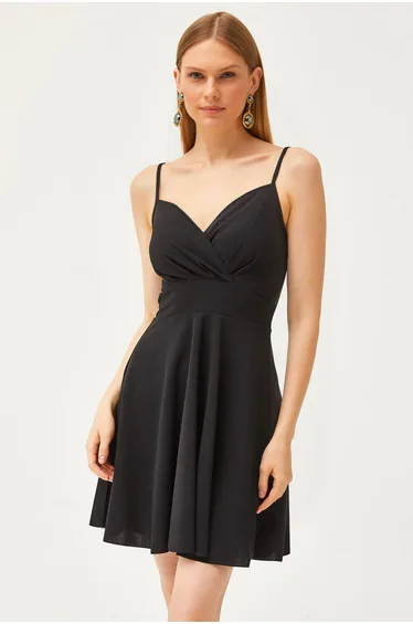 Women's Black Strap Double Breasted Collar Flared Dress
