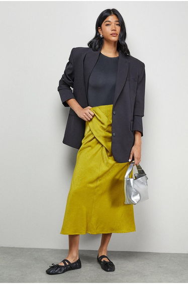 Crushed Satin Drape Front Bias Skirt