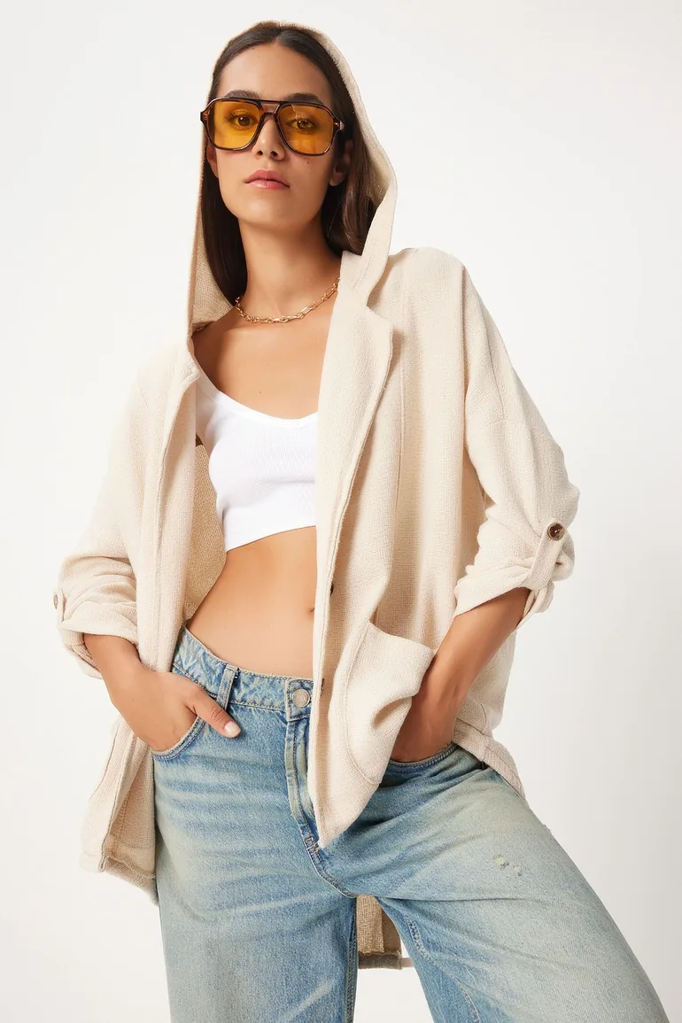 جاكيت نسائي كتان بهودي بتصميم واسع لون كريمي  - 7