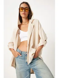جاكيت نسائي كتان بهودي بتصميم واسع لون كريمي  - 7