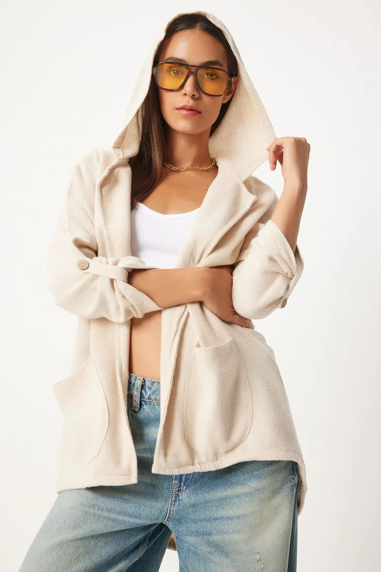 جاكيت نسائي كتان بهودي بتصميم واسع لون كريمي  - 2
