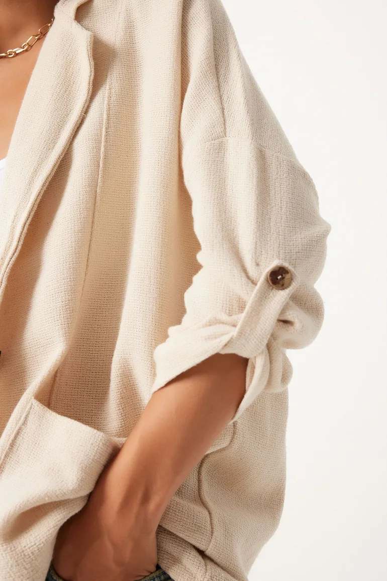 جاكيت نسائي كتان بهودي بتصميم واسع لون كريمي  - 6