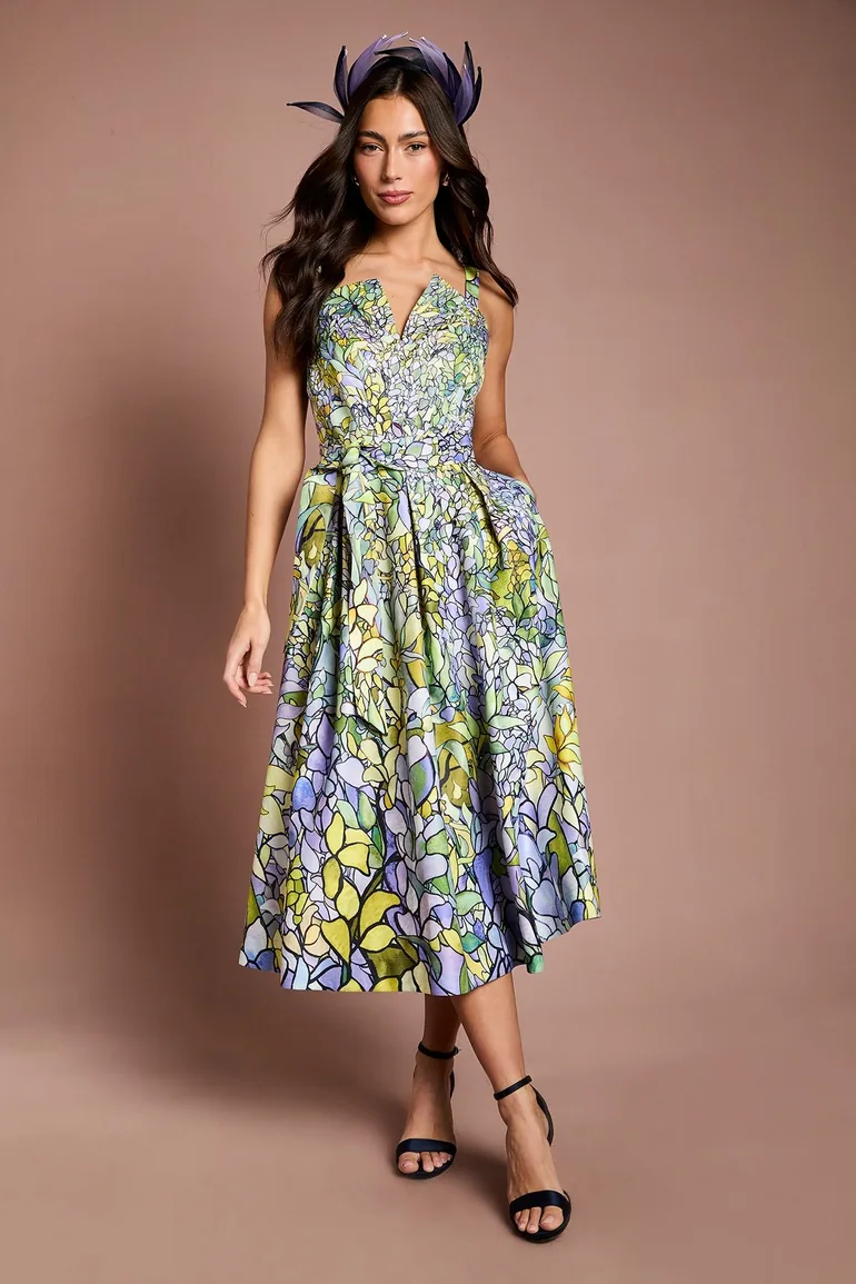 Lisa Tan Floral Printed Full Skirted Midi Dress