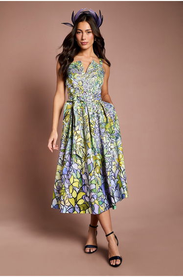Lisa Tan Floral Printed Full Skirted Midi Dress