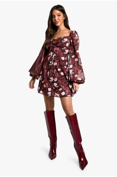 Floral Blouson Sleeve Skater Dress - merlot