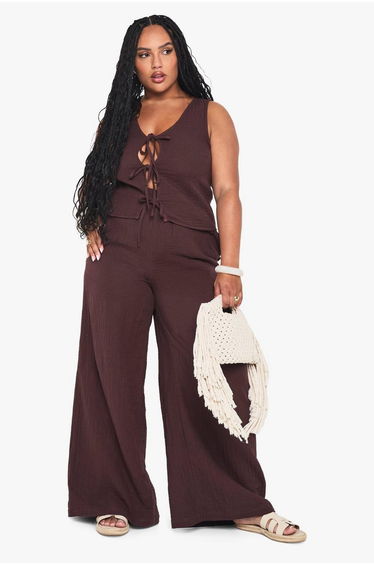 Plus Cheesecloth Elasticated Waist Trousers - chocolate