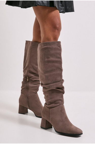 Carla Faux Suede Ruche Medium Block Heel Knee Boots