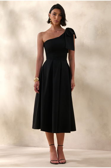 Meria | Black Asymmetric-Neck Midi Dress With Bow-Sleeve