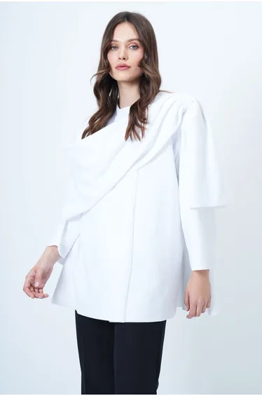 Women's White Shawl Detailed Fleece Jacket