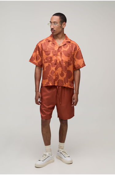 Oversized Boxy All Over Print Shirt & Short Set - orange