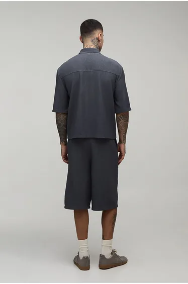 Tall Oversized Wavy Textured Polo & Longline Relaxed Short Set - charcoal