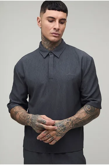 Tall Oversized Wavy Textured Polo & Longline Relaxed Short Set - charcoal