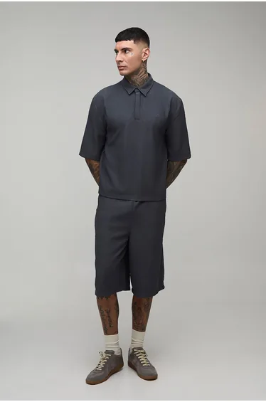 Tall Oversized Wavy Textured Polo & Longline Relaxed Short Set - charcoal