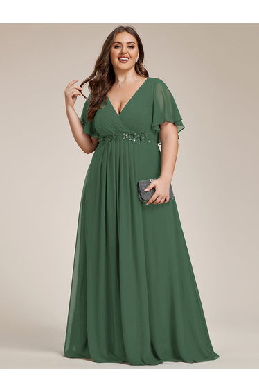 ever IVYROSE|Ruffles Sleeve A-Line Chiffon Waist Applique Maxi Formal Evening Dress