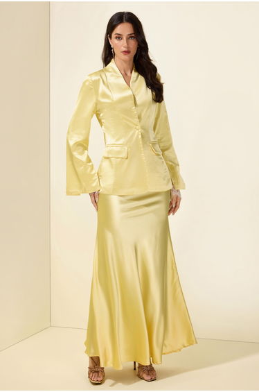 Satin Bodycon Lace gloves Long Sleeve Blazer & Maxi Skirt Set