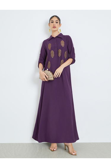 Purple Lace Patch Collared Jalabiya