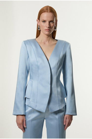 Structured Viscose Satin Stitch Detail Tailored Peplum Blazer