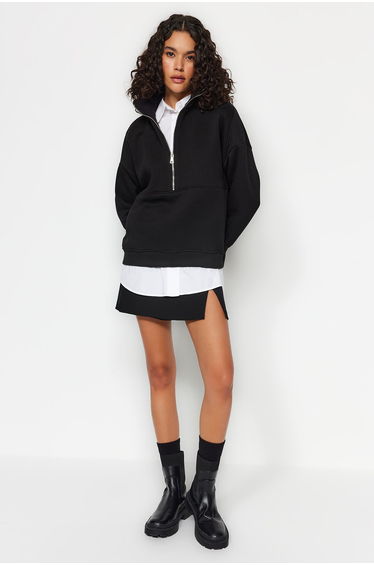 Black Oversize/Wide Fit Half Zipper Thick Inside Fleece Knitted Sweatshirt